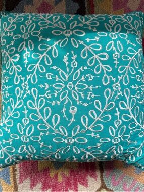 Turquoise Embroidered Decorative Throw Pillow - Nina Campbell 16x16